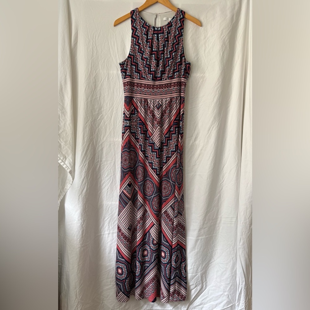 London Times Strapless Geometric Maxi Dress in Navy & Coral